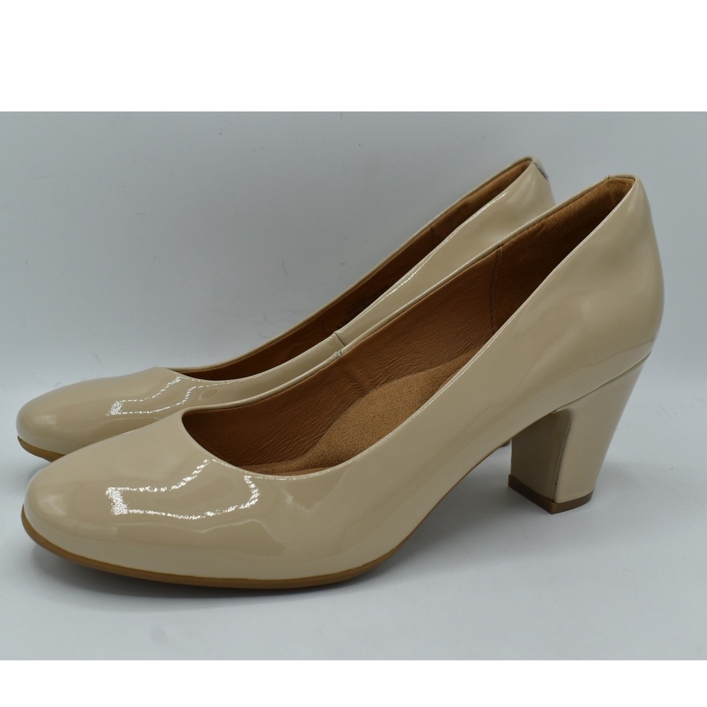 Sofft Lana Women 10 Latte Nude Beige Patent Leather Block Heel Pumps Shoes